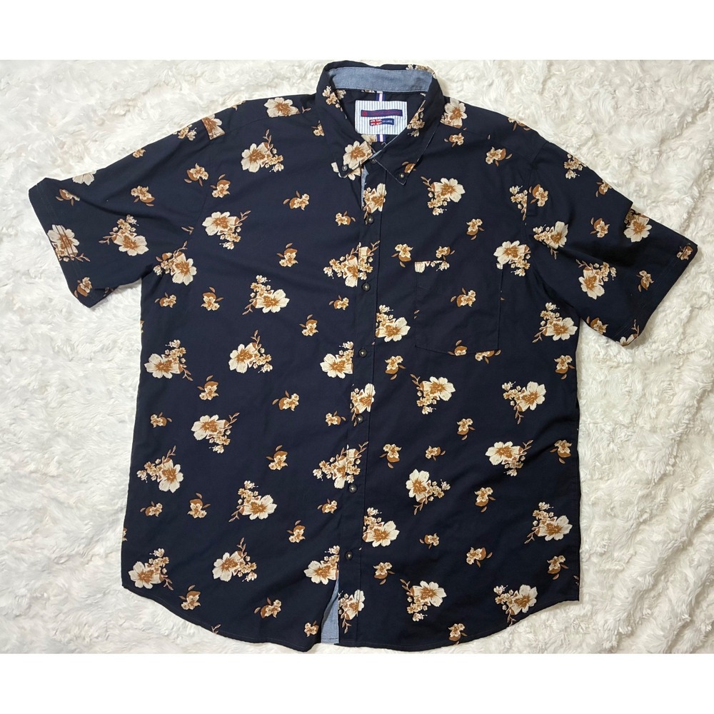 English Laundry Mens XXL Floral Button Down Shirt Navy Blue Short Sleeve Cotton